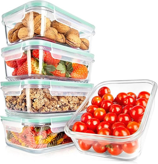 NutriChef 10-Piece Superior Glass Food Storage Containers Set (5 Containers + 5 Locking Lids),Stackable Meal-prep Design, BPA-free Airtight Clear Locking lids with Vent Lids & Air Hole, Green