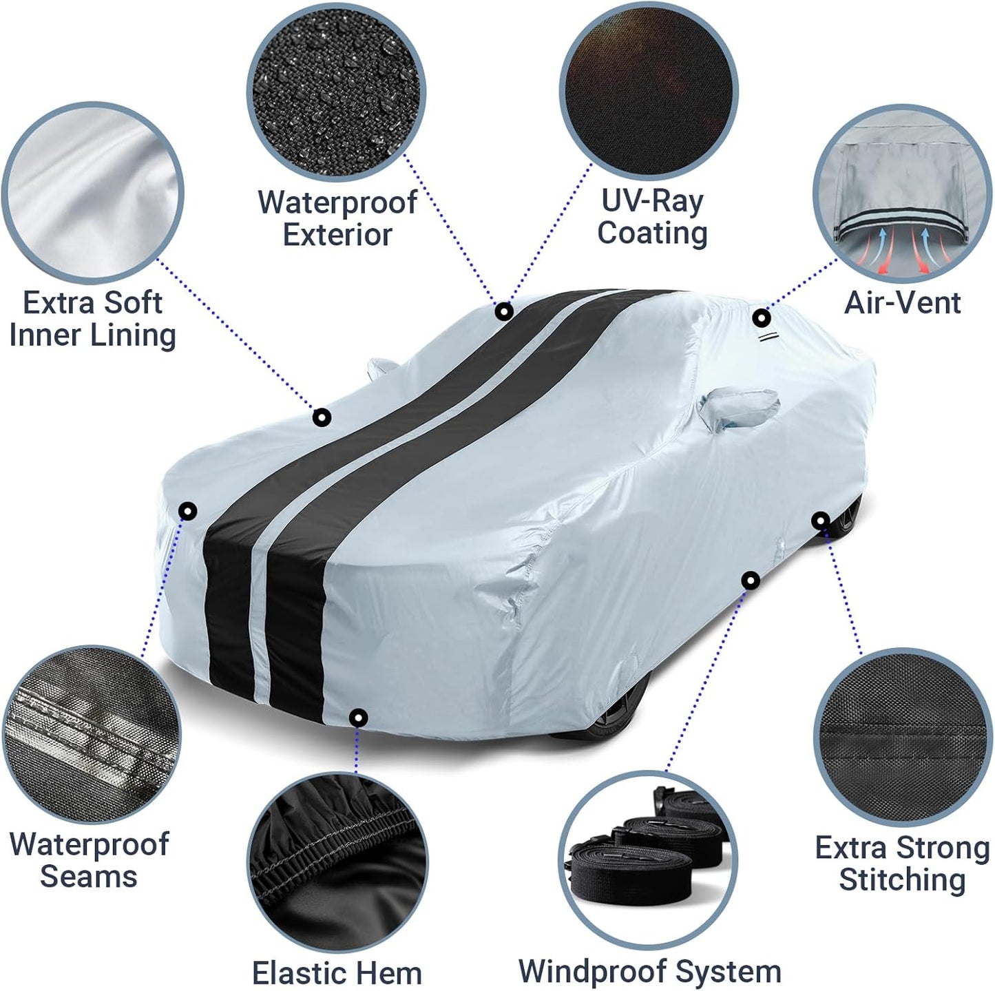 iCarCover Custom Car Cover for Buick Allure (2005-2010) Waterproof All-Weather Rain Snow UV Sun Protector Full Exterior Indoor Outdoor Car Cover (Stripe - Gray/Black)
