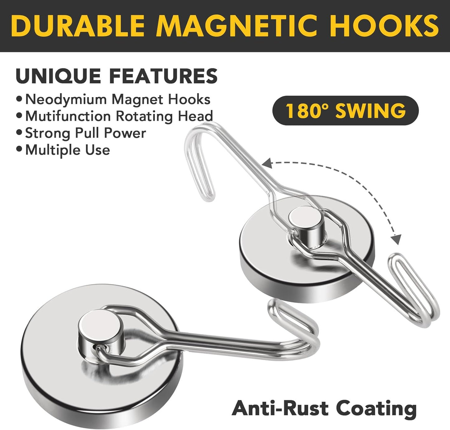 MIKEDE Magnetic Hooks, 70LB+ Swivel Swing Strong Magnetic Hooks Heavy Duty,Neodymium Cruise Hooks Magnets for Hanging, Home, Workplace, Metal Door, Office and Garage - Pack of 4