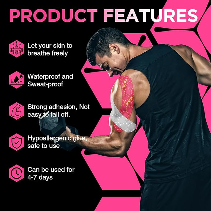 OK TAPE Synthetic Kinesiology Tape Precut Strips, Waterproof Kinesiology Athletic Tape for Muscle Support and Recovery, Reduce Muscle Discomfort K Tape, 2in×16.4ft Roll 20PCS | Pink