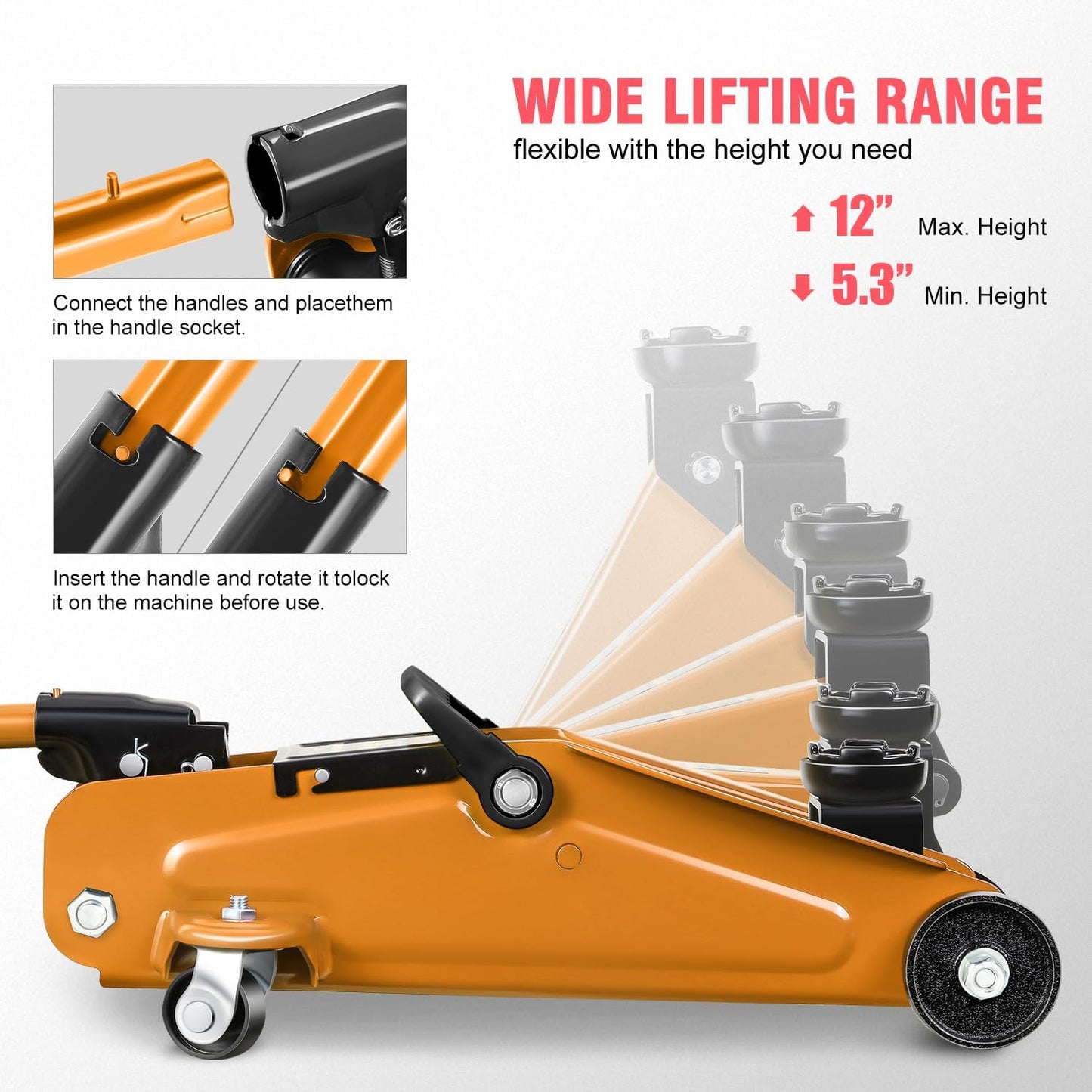DNA MOTORING Low Profile Hydraulic Trolley Service/Floor Jack, 1.5 Ton (3000 lbs) Capacity, Lifting Range 5.3"-12", Orange, TOOLS-00326-OG
