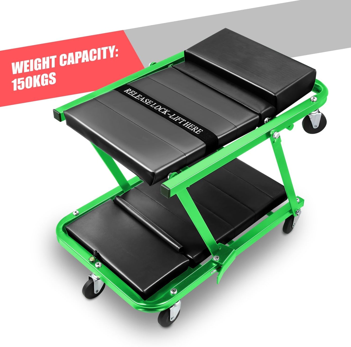 DNA MOTORING 48" 2 IN 1 Folding Rolling Garage Shop Creeper Roller Seat, 7 Pcs 2" Casters, 350 Lbs Weight Capacity, Green, TOOLS-00193-GR