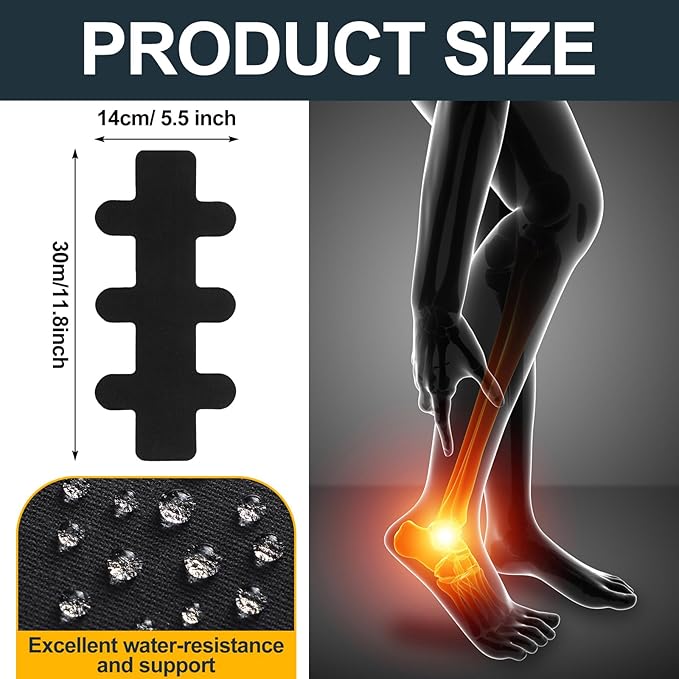 30 Pcs Achilles Tendonitis Kinesiology Tape Precut Achilles Tendon Ankle Tape Latex Free for Sprained Ankle Relief Muscle Support Foot Pain Athletic Sport(Black)