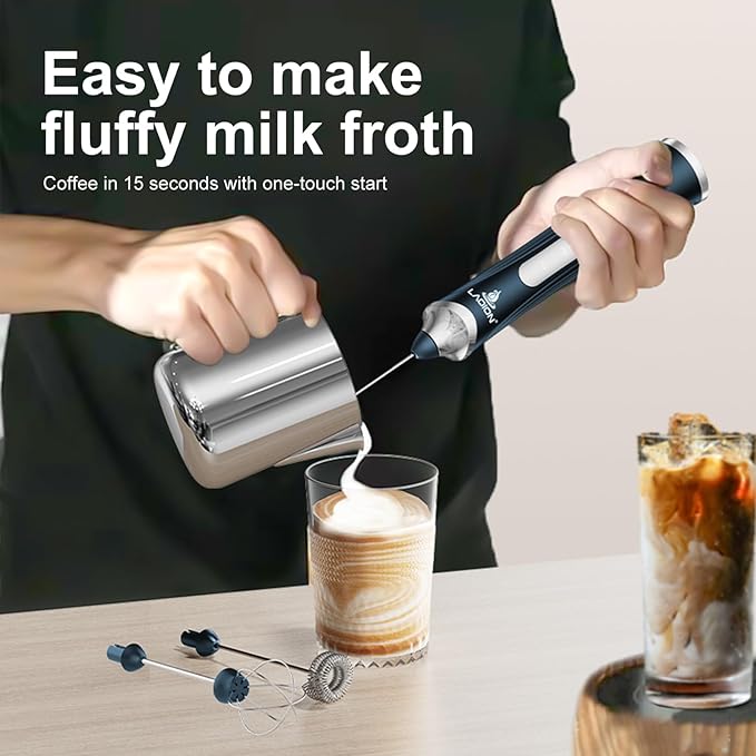 Rechargeable Frother Wand with Stand, Milk Frother with Detachable Stainless Steel Double Rings Whisk, 3-Speed Handheld Electric Drink Mixer for Lattes, Cappuccino, Coffee (Dark Blue)