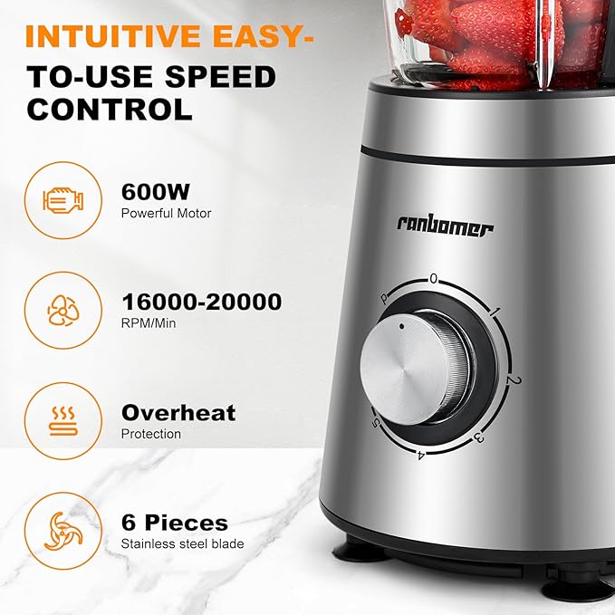 Blender,Blenders for Kitchen,Glass Blender for Shakes and Smoothies,crush ice,51oz Glass Jar,Simple Speed Dial,Black + Stainless Steel