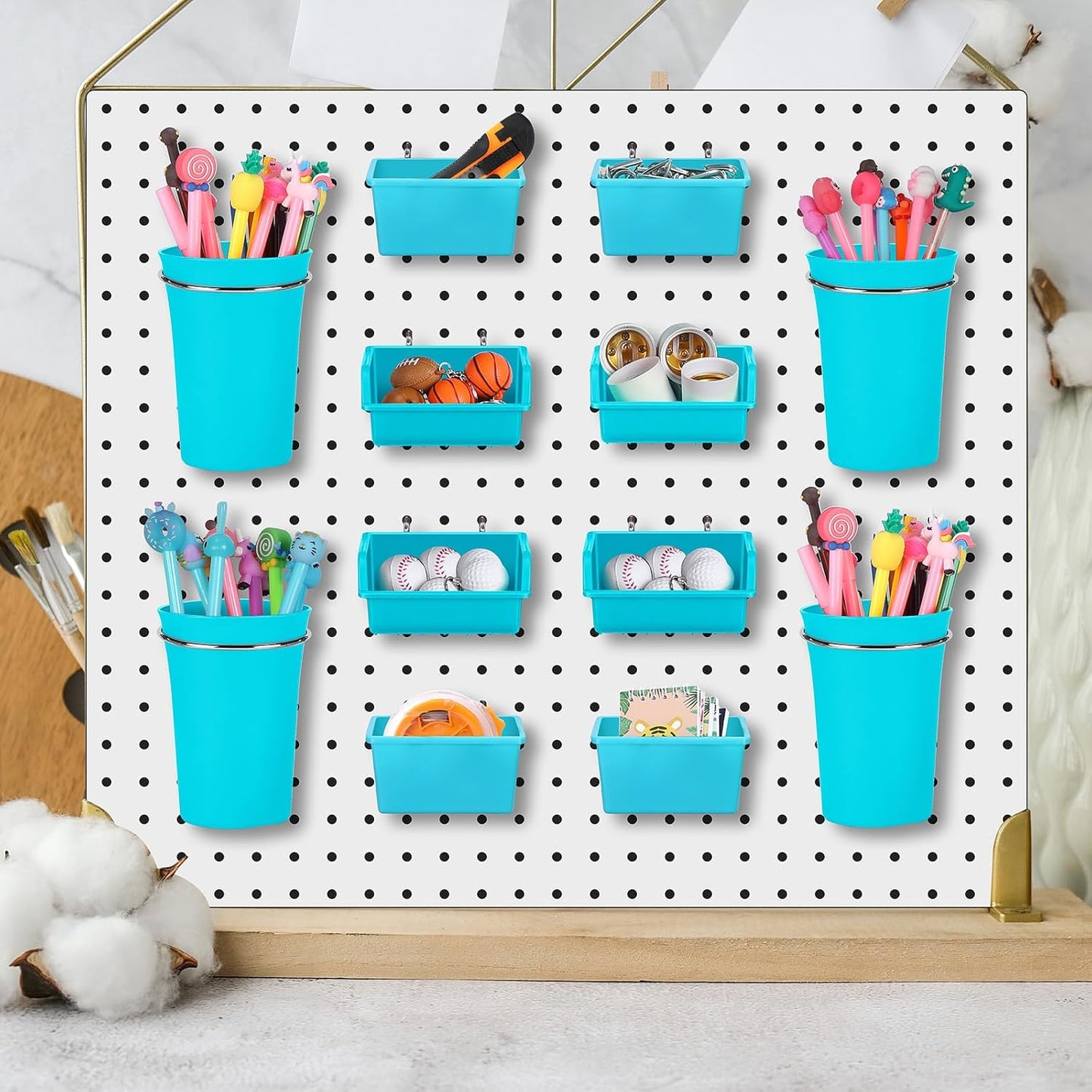 Yookeer 20 Pcs Pegboard Bins and Cups with Hooks and Loops Peg Assortment Organizer Accessories Various Tool Organizer Pegboard Baskets Set for Garage Workshop Workbench Office(Blue)