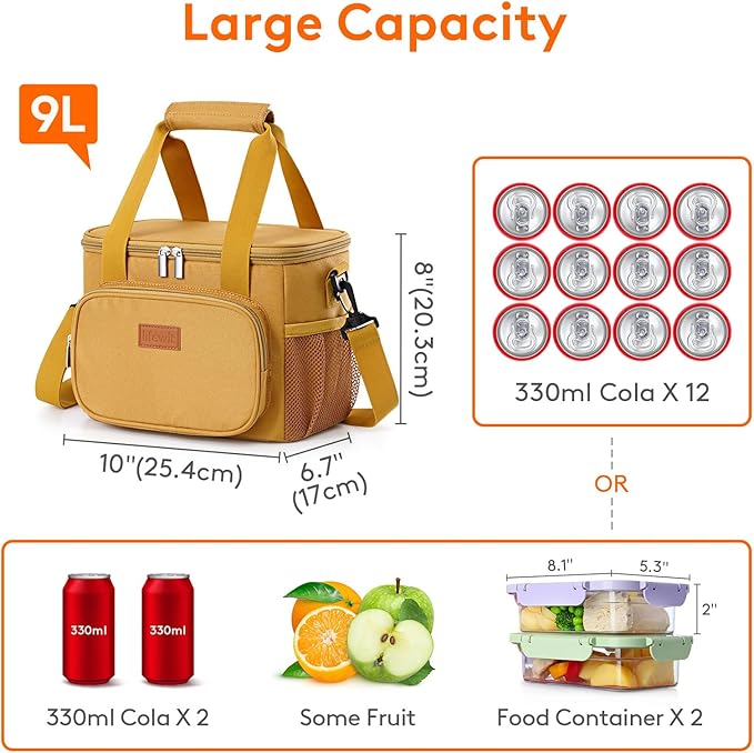 Lifewit Medium Lunch Bag Insulated Lunch Box Soft Cooler Cooling Tote for Adult Men Women, Brown 12-Can (9L)
