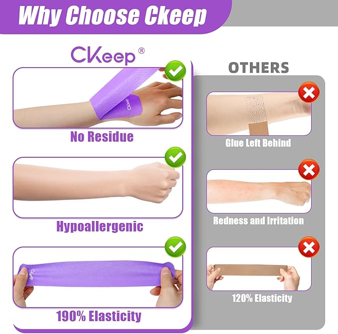 CKeep 4 Rolls Kinesiology Tape, Original Cotton Elastic Athletic Tape, 20 Precut 10" Strips Each, Purple, Ideal for Muscle Support & Injury Prevention