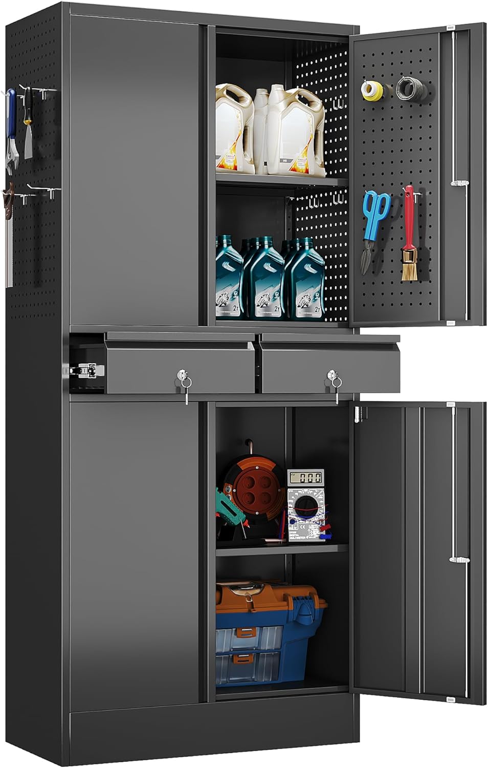 71" Metal Garage Storage Cabinet with 8 Hooks and Pegboards,2 Drawer Tool Storage with Locking Doors and Adjustable Shelves,Heavy Duty Steel Tool Cabinet for Garage, Warehouse