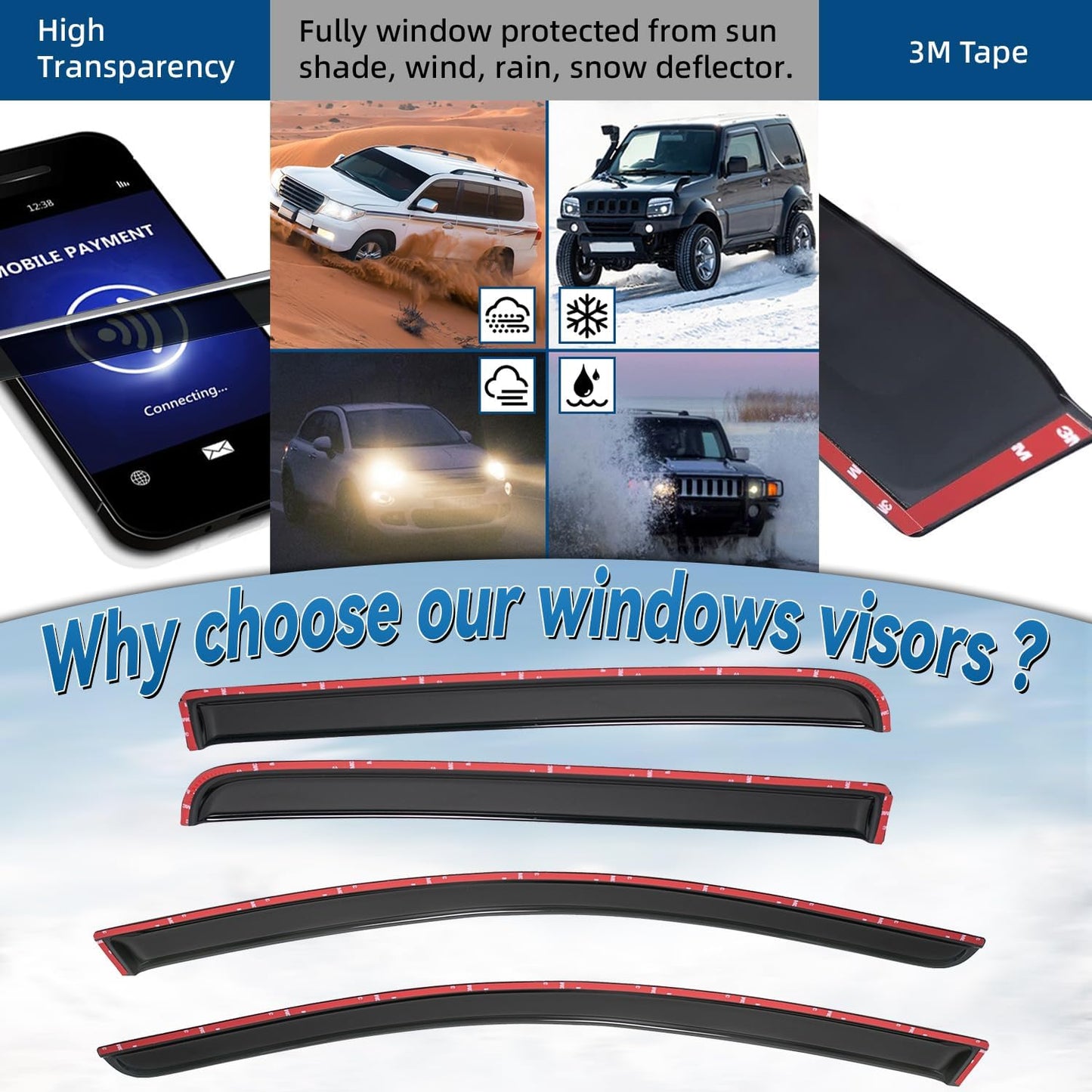 4pcs Front+Rear Smoke Tint Sun/Rain Guard Outside Mount Tape-On Vent Window Visors Compatible with 16-22 Titan/Titan XD Crew Cab with 4 Full Size Doors