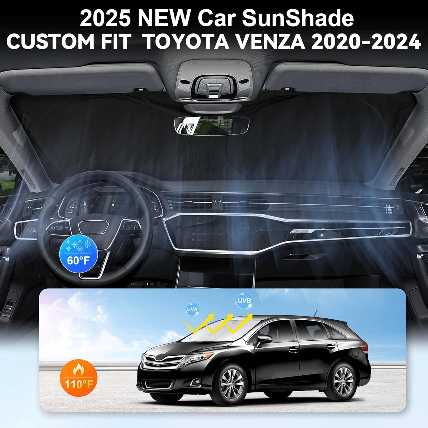 Custom Fit Venza Windshield Sunshade for 2021 2022 2023 2024 2025 Toyota Venza, LE, XLE, Limited, SUV Accessories Front Window 210T Reflective Shield Cover for Windshield Sun Visor Protector Blocks UV
