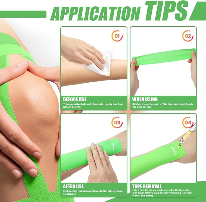 CKeep 4 Rolls Kinesiology Tape, Original Cotton Elastic Athletic Tape, 20 Precut 10" Strips Each, Green, Ideal for Muscle Support & Injury Prevention