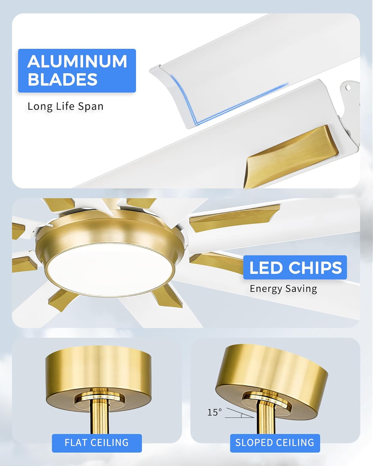 72 Inch White & Gold Ceiling Fan,Smart Ceiling Fan with Voice Control,Large Ceiling Fan With 8 Aluminium Metal Blades,CF04BGW-72