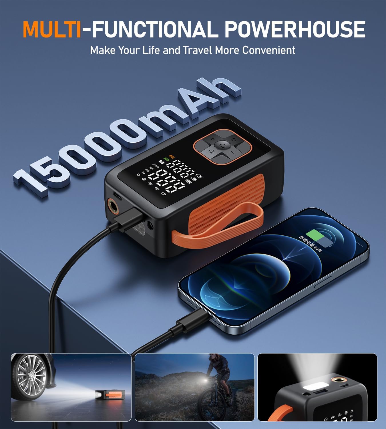 Tire Inflator Portable Air Compressor, 180PSI & 15000mAh Cordless Air Pump for Car Tires with Pressure Gauge, 3X Faster Tire Pump with Cigarette Lighter Plug for Car, Motorcycle, Bicycle, Ball(Black)