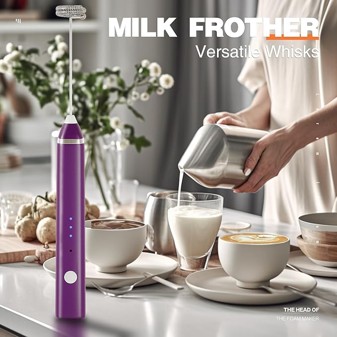 Milk Frother Rechargeable Handheld Electric Whisk Coffee Frother Mixer with 3 Stainless whisks 3 Speed Adjustable Foam Maker Blender for Coffee Matcha Latte Cappuccino Hot Chocolate(Purple)