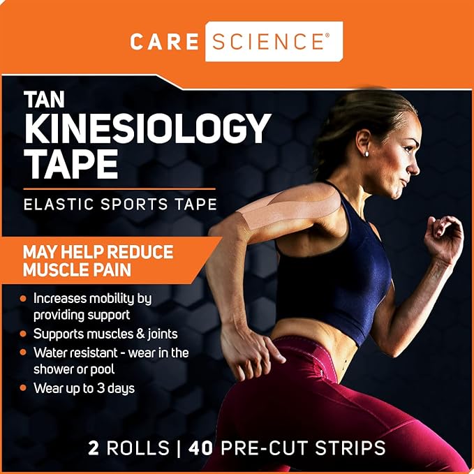 Care Science Waterproof Kinesiology Tape, Precut Water Resistant Strips, Elastic Athletic Tape for Sports & Weightlifting, Supports Muscles & Joints, Muscle Strain Relief, Tan, 2 Rolls, 40 Count