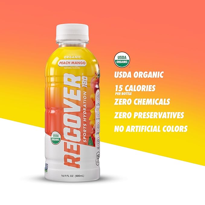 RECOVER 180 Organic Sports Hydration Drink, No Sugar Added, 20 Calorie Sports Beverage, Organic Flavors With Vitamins, Potassium-Packed Electrolytes (16.9 Fl Oz (Pack of 12), Peach Mango)