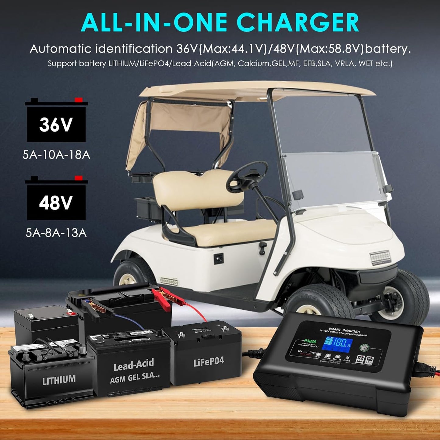 36V/48V Golf Cart Charger, 18Amp Smart Charger, Trickle Battery Charger Maintainer, D-Plug, Lithium, LiFePO4, Lead-Acid AGM/Gel/SLA, EZGO TXT, Car, Boat