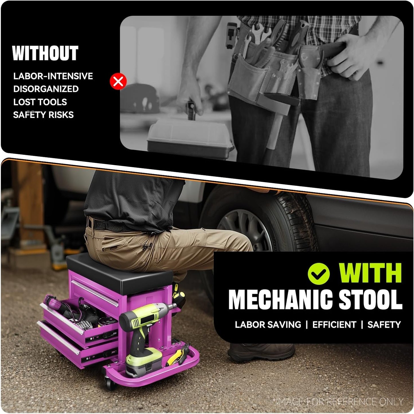 Auto Dynasty 3-Drawer Mechanic Rolling Seat, 350 LBS Capacity Roller Garage Shop Seat with Storage Tool Tray for Workshop, Repair Shop, Warehouse, Purple