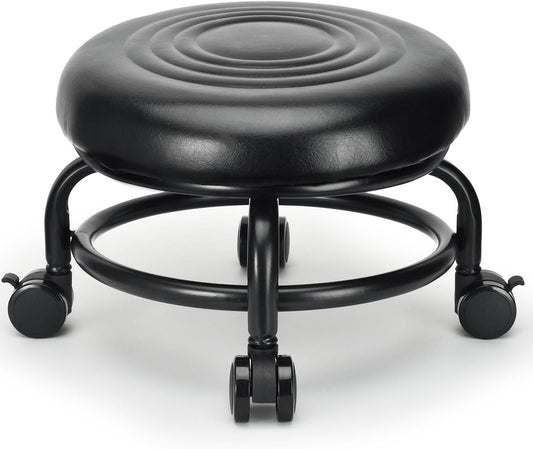 Low Height Rolling Stool Low Roller Stool PU Leather Comfortable Chair, Modern Low Rolling Stool for Home Office Garage Shop