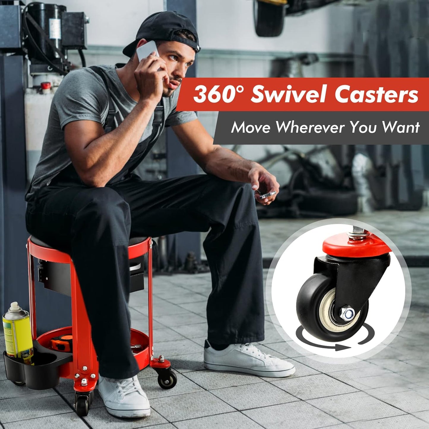 Goplus Rolling Mechanic Stool, Shop Stool Creeper Seat with Removable Padded Seat, 2 Drawers, Tool Tray, Twin Can Holder, Universal Wheels, Round Garage Workshop Chair, 330 Lbs Max Capacity