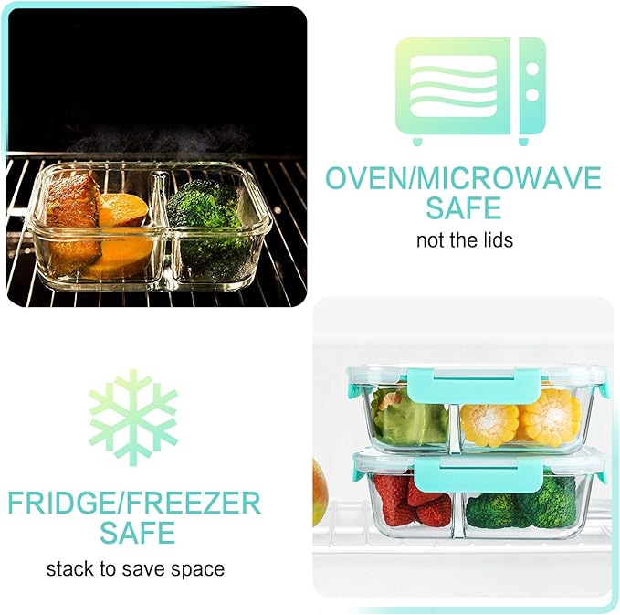 [5-Pack,36 Oz]Glass Meal Prep Containers 2 Compartments Portion Control with Upgraded Snap Locking Lids Glass Food Storage Containers, Microwave, Oven, Freezer and Dishwasher (4.5 Cups, Green)