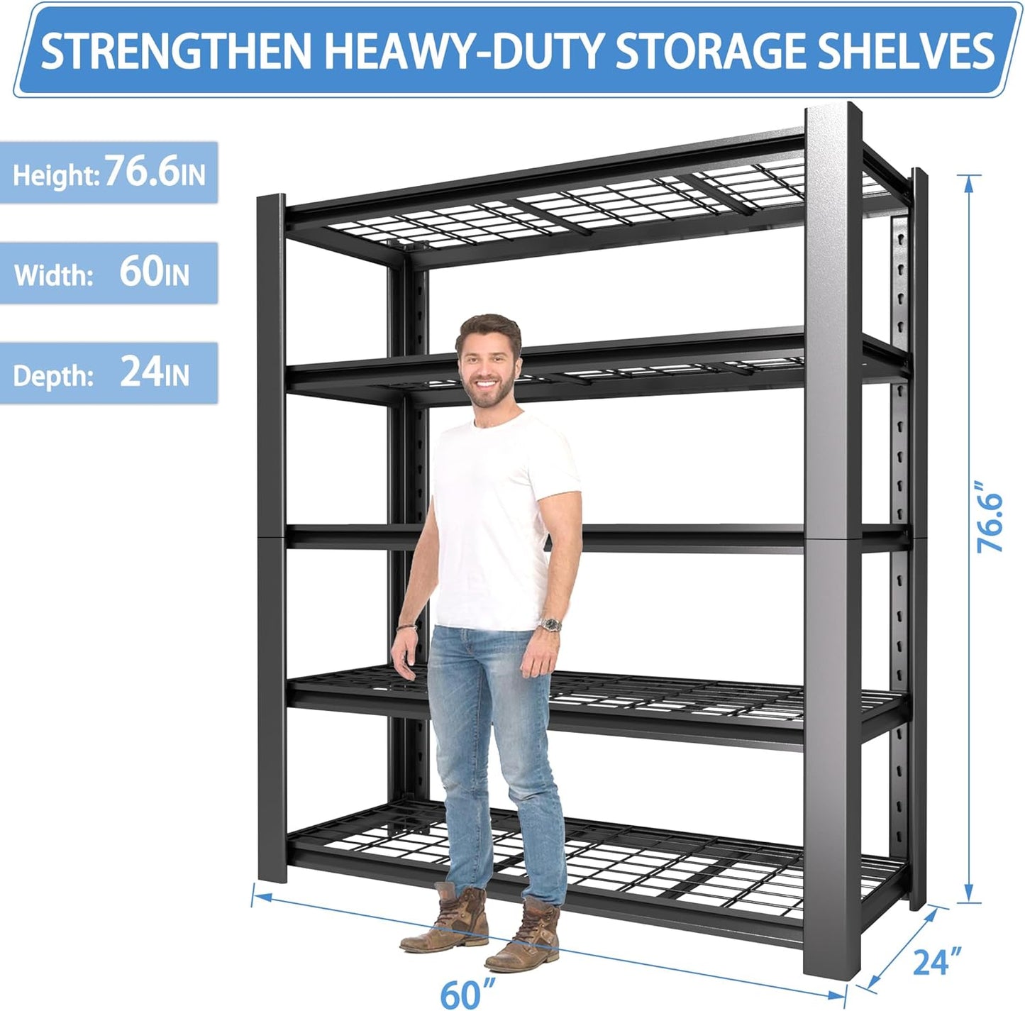 5-Tier Heavy Duty Garage Shelving Unit with Wire Shelves,3000 LBS Capacity Metal Storage Rack 76"H x 60"W x 24"D,Adjustable Boltless Steel Shelves for Garage,Basement,Pantry,Warehouse.1 Pack