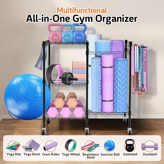 Dumbbell Rack, 3 Tier Adjustable Workout Equipment Storage with Locking Wheels & 4 Hooks, Home Gym Storage for Yoga Mat, Foam Roller, Dumbbell, Kettlebell, Fitness Ball and Resistance Band