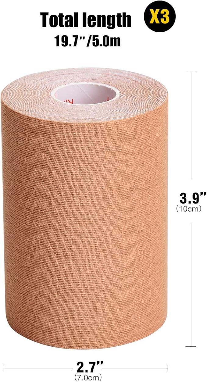 3 Pack Kinesiology Tape, 4in x 5.5yd Water Resistant Muscle Support Adhesive Sport Tape for Pain Relief, Latex Free Cotton Elastic Athletic Tape for Joints, Knee, Ankle, Shoulder, Wrist