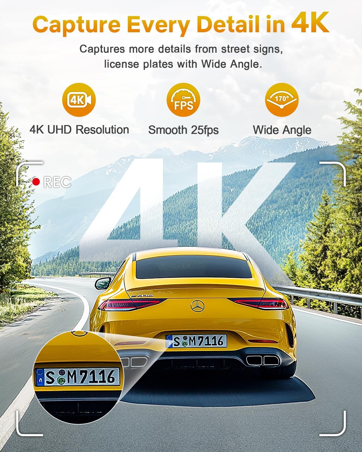 GKU 4K Dash Cam,Dash Cam Front with UHD 2160P, DashCam Built-in WiFi, 24H Parking Monitor,Night Vision,WDR,170° Wide Angle,Loop Recording,G-Sensor,DashCam Includes 64GB Card (Black)