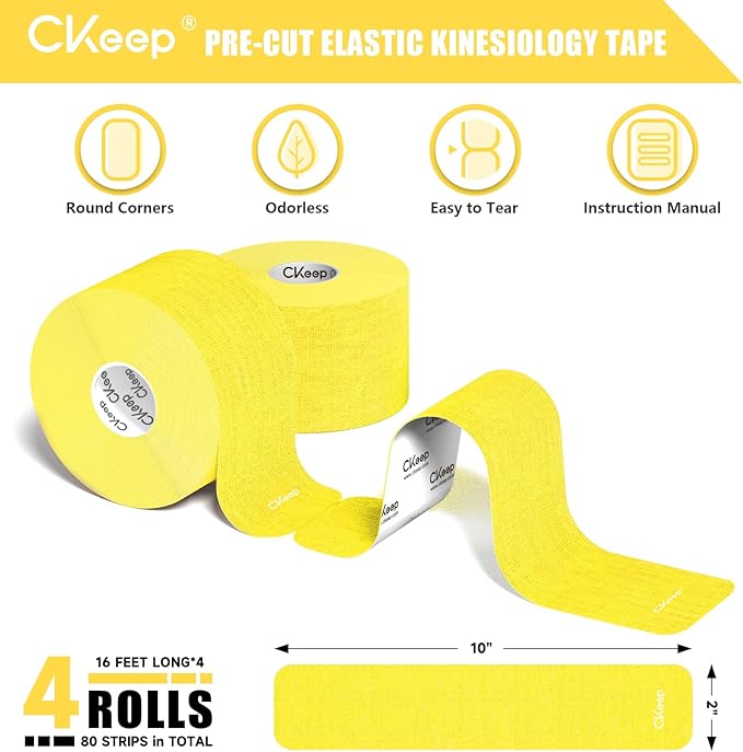 CKeep 4 Rolls Kinesiology Tape, Original Cotton Elastic Athletic Tape, 20 Precut 10" Strips Each,Yellow, Ideal for Muscle Support & Injury Prevention