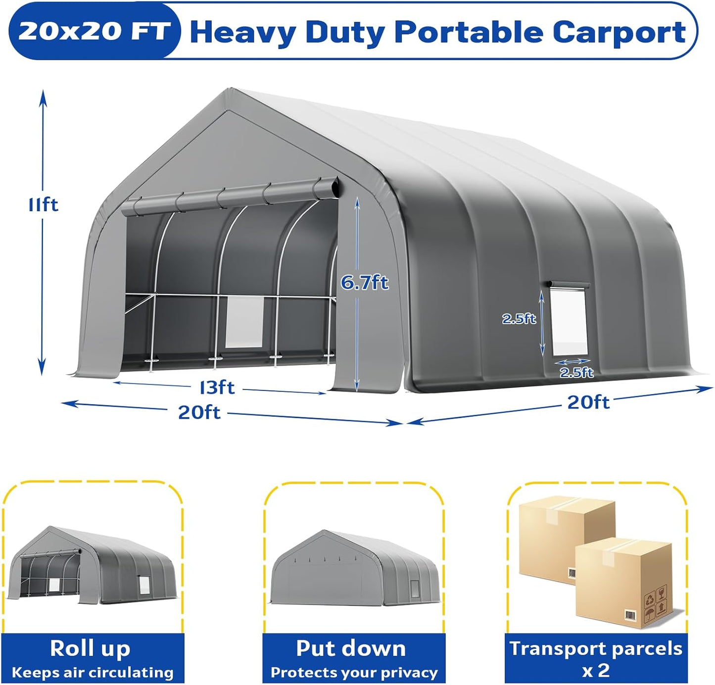 EROMMY 20x20 FT Heavy Duty Durable Carport, Galvanized Steel Frame Garage Shelter and Outdoor Storage, Waterproof 3-Layer PE Cover, Fits 2 Cars, Boat, Farm Equipment, Silver Gray