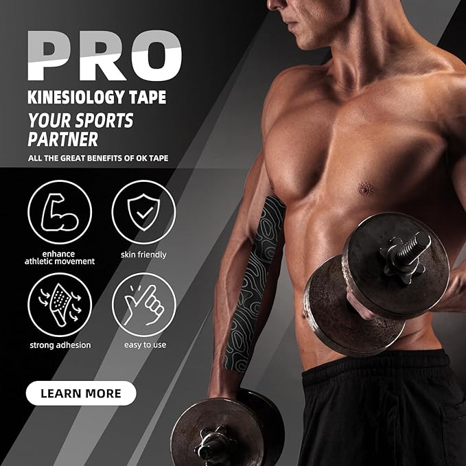 OK TAPE PRO Kinesiology Tape Uncut Roll, Elastic Physical Therapy Athletic Tape for Pain Relief, Muscle Support, Kinetic Tape, Water Resistant, 2in X 16.4ft -Black Gray