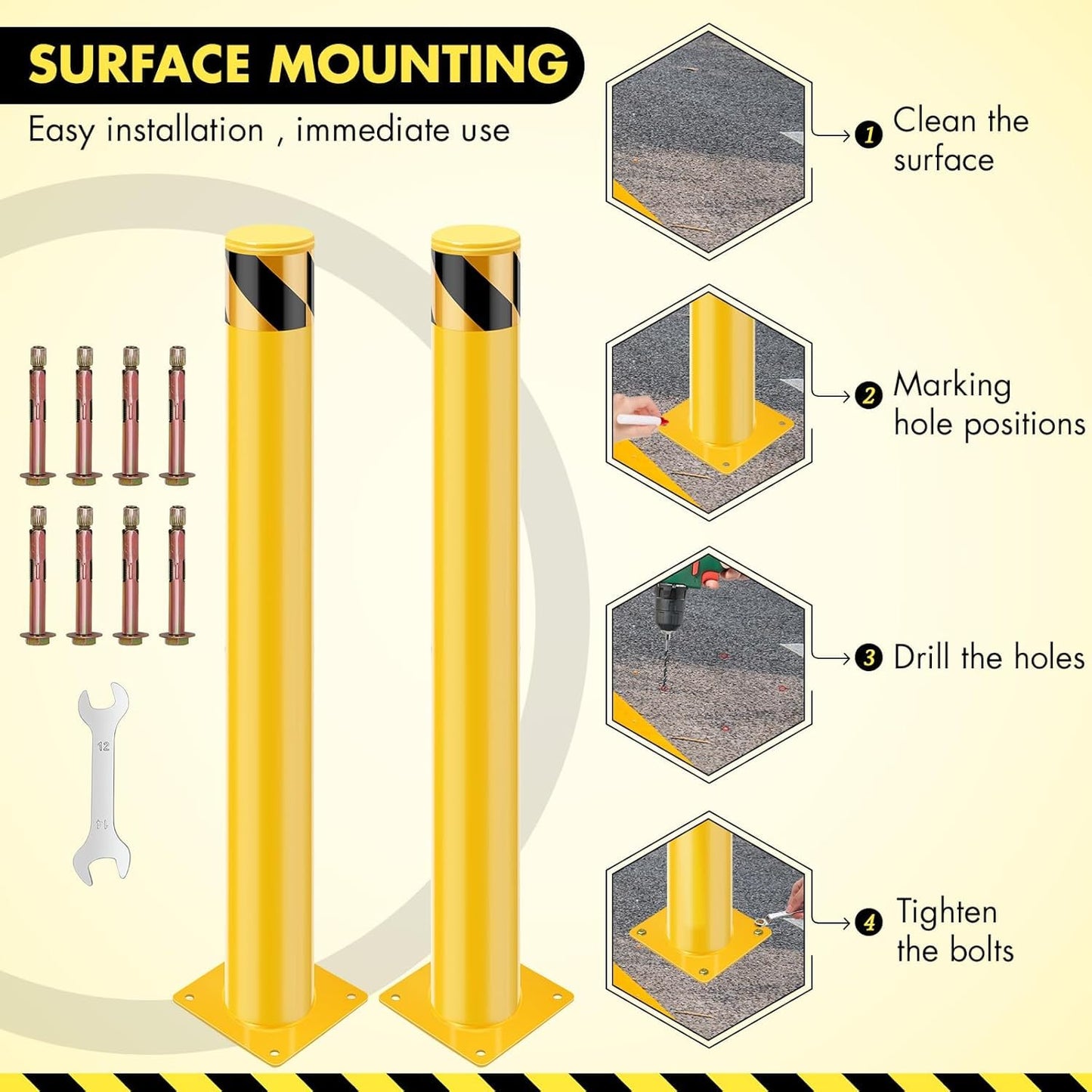 4 Pack Safety Bollard Post, 42 Inch Height 4.5 Inch Diameter Yellow Pipe Safety Steel Bollards with Anchor Bolts and Wrench, Steel Bollards for Road Warning Construction Public Place Traffic Control