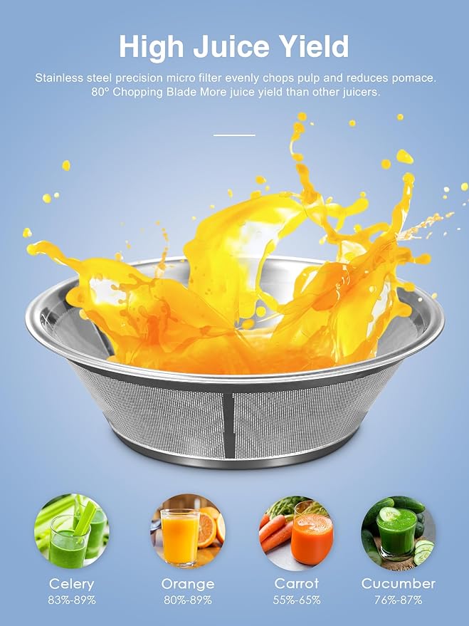 QCen Juicer Machine, 800W Centrifugal Juicer Extractor with Wide Mouth 3” Feed Chute for Fruit Vegetable, Easy to Clean, Stainless Steel, BPA-free (Aqua)