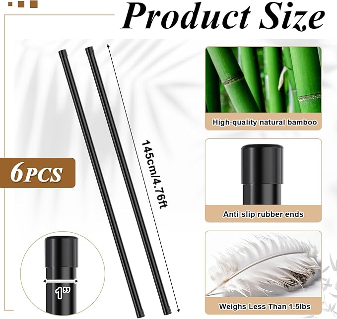 Hiboom 6 Pcs 5ft Yoga Stick Natural Bamboo Exercise Stick with Non-Slip Rubber Ends Stretching Tool Posture Corrector Stretch Tool for Flexibility, Workout, Balance Fitness