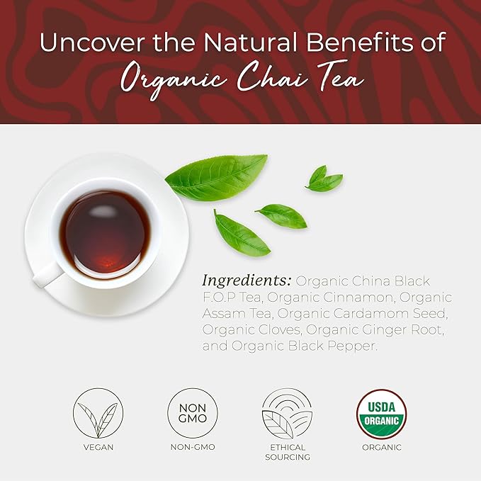 Starwest Botanicals Organic Chai Tea - Caffeinated Herbal Blend with Black Tea & Cinnamon, String Free Sachets, USDA Organic, Non GMO - Bulk Pack, 100 Tea Bags