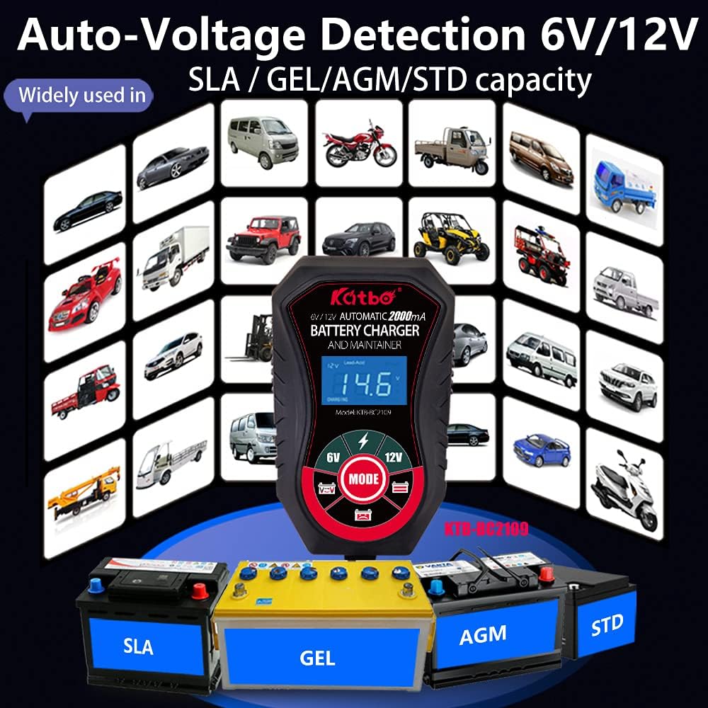 KATBO Battery Charger, 2Amp Battery Maintainer, car Battery Charger 6V 12V, trickle Charger for Car Battery, Motorcycles, Lawn Tractors, Marine AGM, Gel, SLA,Wet