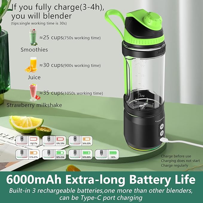 Portable Blender for Shakes and Smoothies, 24oz Travel Blender 300Watt on the Go Blender USB Rechargeable Personal Blender with a Travel Lid & BPA Free Bottle(Green Cap Black Body)