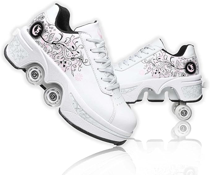 Roller Skate Shoes for Women Four Rounds Children's Roller Skates Shoes That Turn into Rollerskates Sneakers Outdoor Light Shoes with Wheels for Girls/Boys