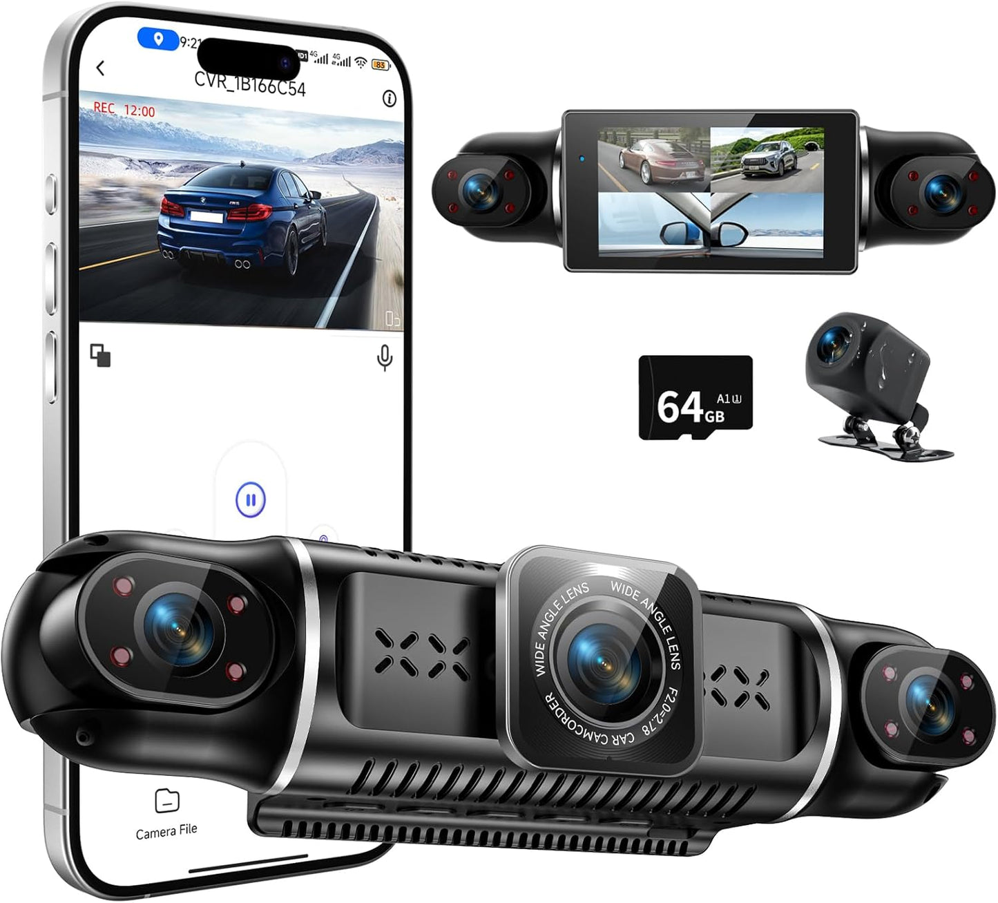 360°View 4 Channel Dash Cam, 2K+1080P Front and Rear Inside Left Right, Wireless Dash Camera for Cars, Built-in G-Sensor, IR Night Vision, 24H Parking Mode, 64GB SD Card, Loop Recording, APP Control