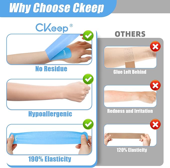 CKeep 4 Rolls Kinesiology Tape, Original Cotton Elastic Athletic Tape, 20 Precut 10" Strips Each, Light Blue, Ideal for Muscle Support & Injury Prevention