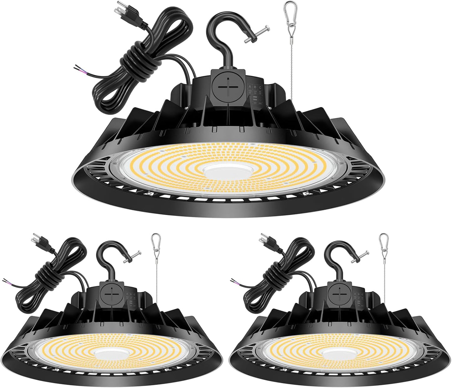 3Pack LED High Bay Lights, 200W UFO High Bay LED Shop Lights, 30000LM Adjustable CCT(5700K 5000K 4500K) & Power(200W 150W 100W), 0-10V Dimmable, 5' Cable Plug, IP65 Waterproof, ETL & DLC Listed