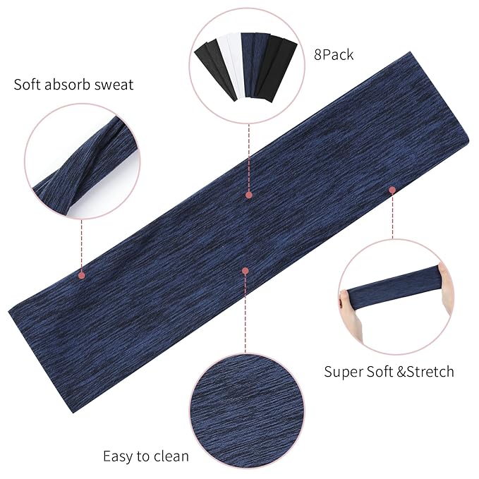 8 Pack Sport Headbands for Women, Elastic Soft Fabric Non-Slip Hair Bands Hair Warp for Daily Workout Yoga Running Sports