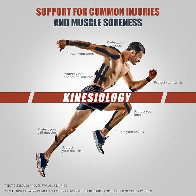 Kinesiology Tape (4 Rolls Pack),Waterproof Athletic Tape for Pain Relief,Brace & Elastic Supports Tapes for Ankle Wrists Knees Joints,2 Inches Wide x 16.4 Feet Long (Black)