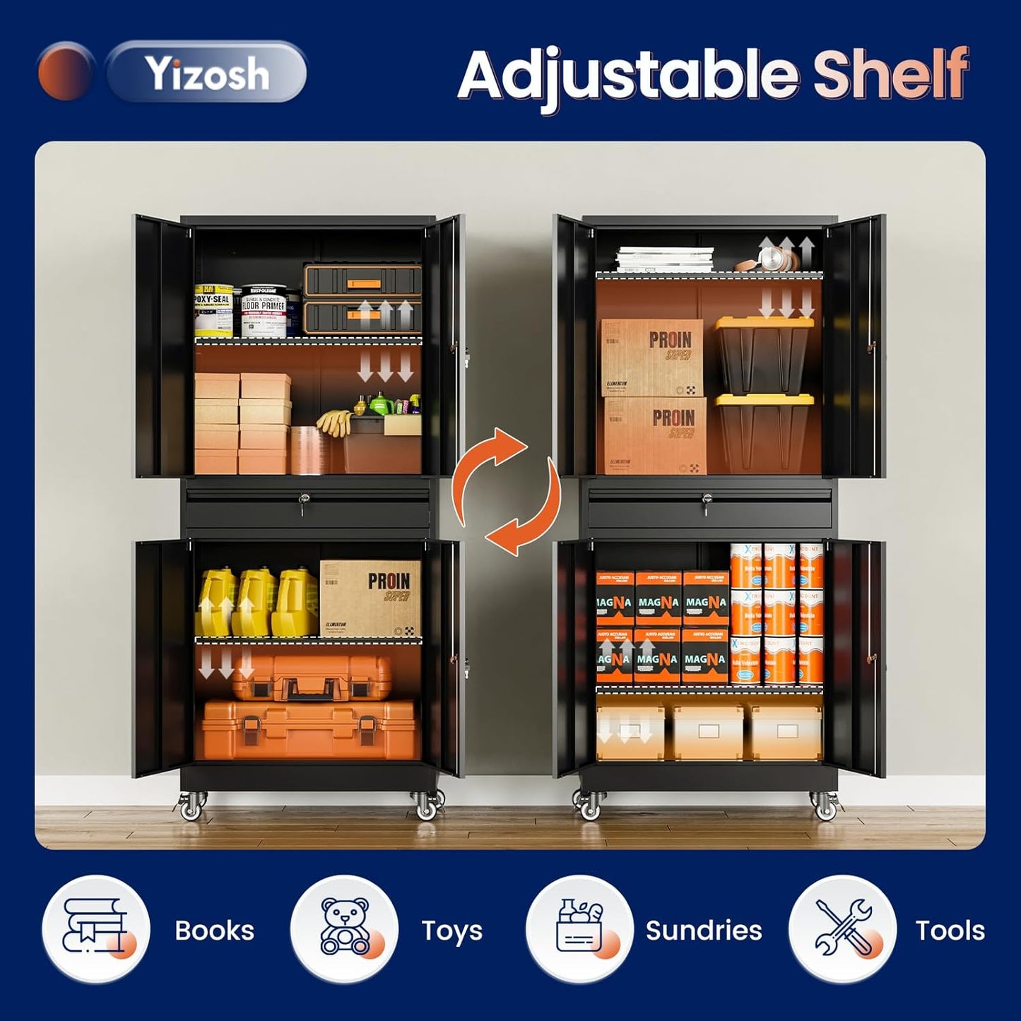 Yizosh Metal Garage Storage Cabinet with Locking Doors and Adjustable Shelves, 73" Rolling Tool Storage Cabinet with 4 Wheels and 1 Drawer for Garage,Warehouse (Black)