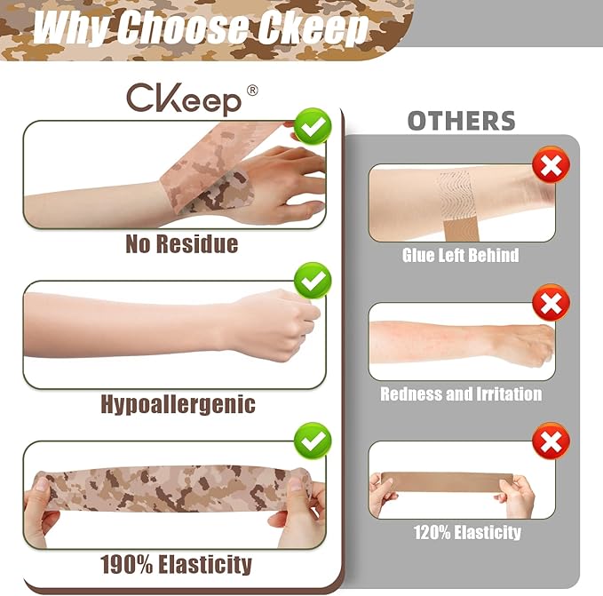 CKeep 4 Rolls Kinesiology Tape, Original Cotton Elastic Athletic Tape, 20 Precut 10" Strips Each, Desert Camo, Ideal for Muscle Support & Injury Prevention
