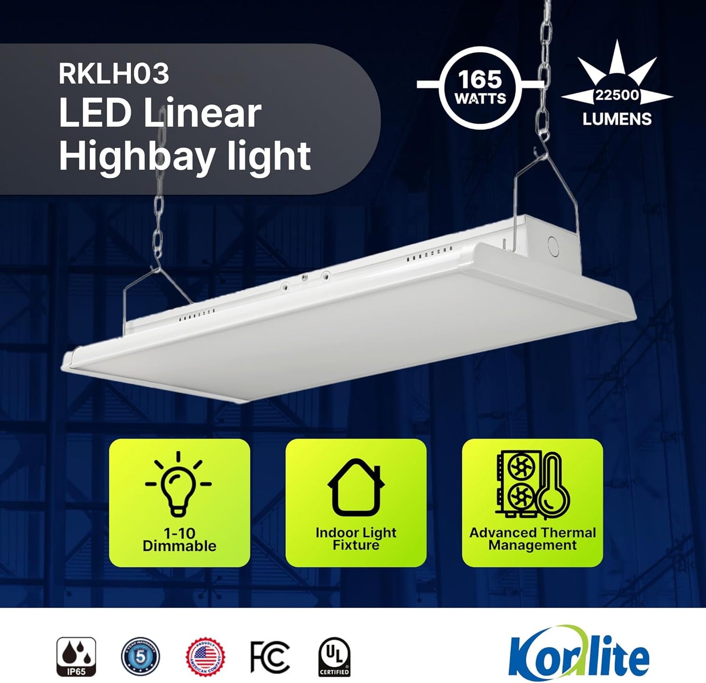 2 FT Linear LED Shop Light, 165W, 22,434LM, Industrial & Warehouse Use, 5000K Daylight, Dimmable, UL & DLC Listed, Garage, Workshop Light