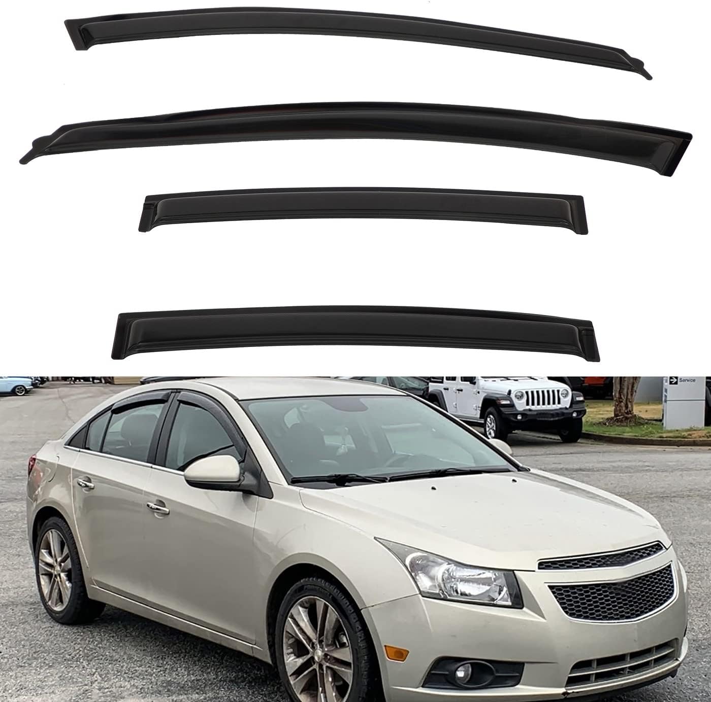 4pcs Front+Rear Smoke Tint Sun/Rain Guard Outside Mount Tape-On Vent Window Visors Compatible with 10-15 Cruze 16 Cruze Limited