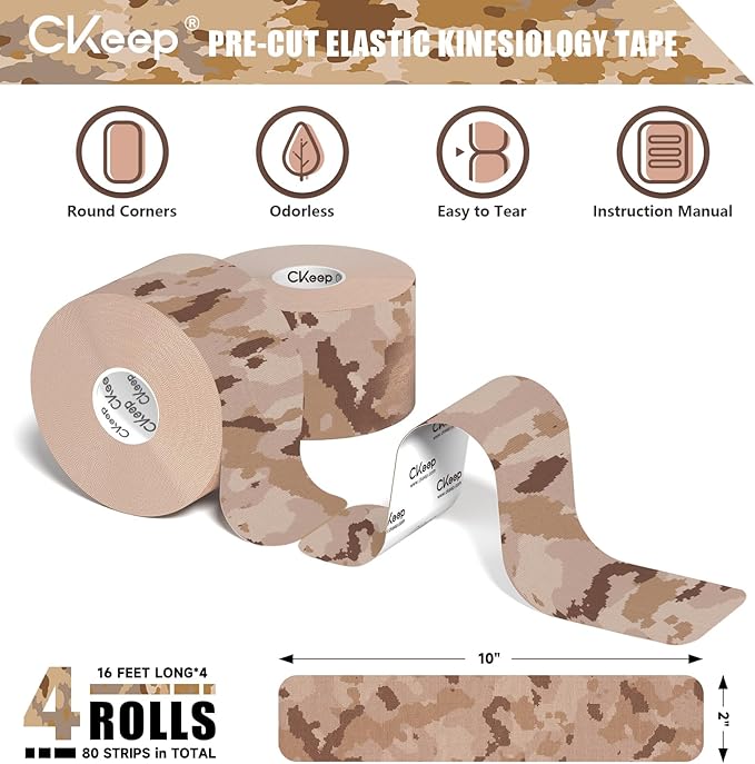 CKeep 4 Rolls Kinesiology Tape, Original Cotton Elastic Athletic Tape, 20 Precut 10" Strips Each, Desert Camo, Ideal for Muscle Support & Injury Prevention